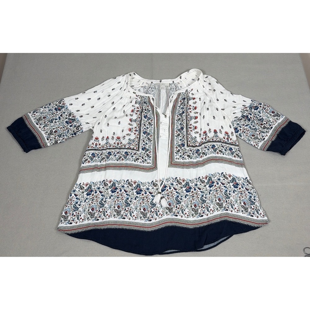 Pale Sky Womens 2X Boho Floral Paisley Rayon Peasant Blouse White Navy whimsical